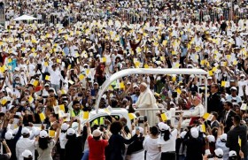 Pope Francis arrives at the Bahrain National Stadium for the Mass on Saturday, November 6