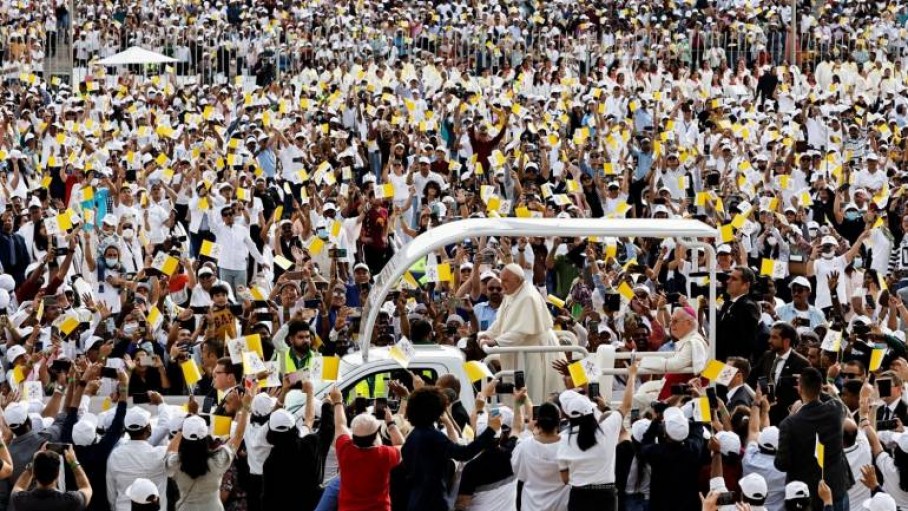 Pope Francis arrives at the Bahrain National Stadium for the Mass on Saturday, November 6